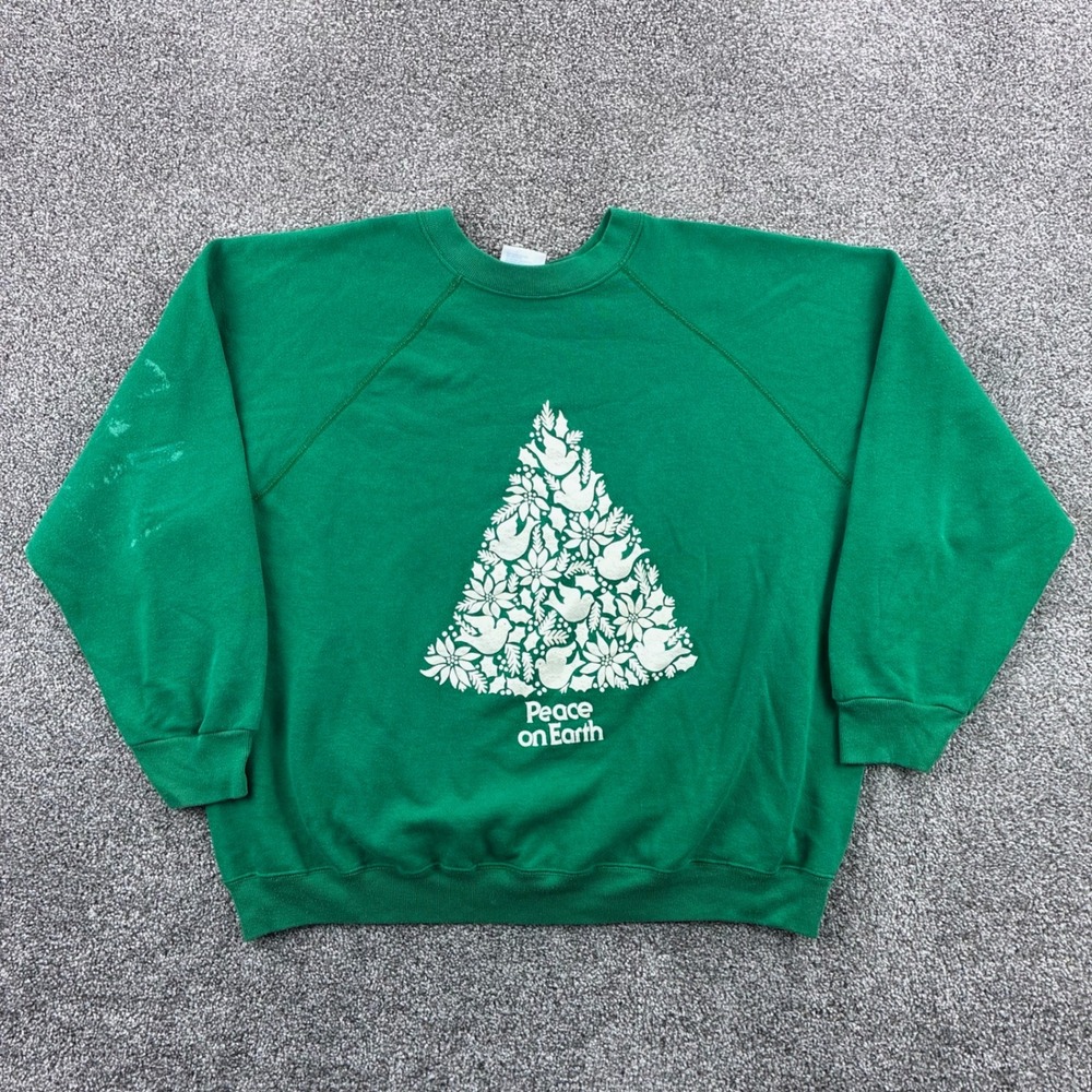 Vintage Peace on Earth Christmas Tree Sweatshirt Mens 2XL Green 90s Dove Holiday